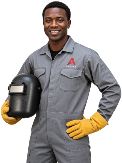 Smiling welding student holding helmet Smiling welding student holding helmet